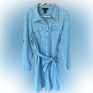 Dialogue Chambray Linen Belted Shirt Dress Button-front Blue Size PM Pockets